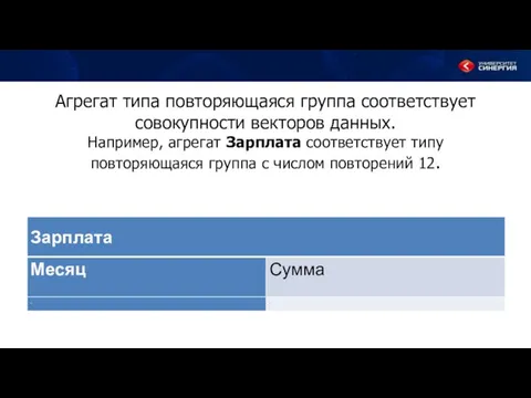 Агрегат типа повторяющаяся группа соответствует совокупности векторов данных. Например, агрегат