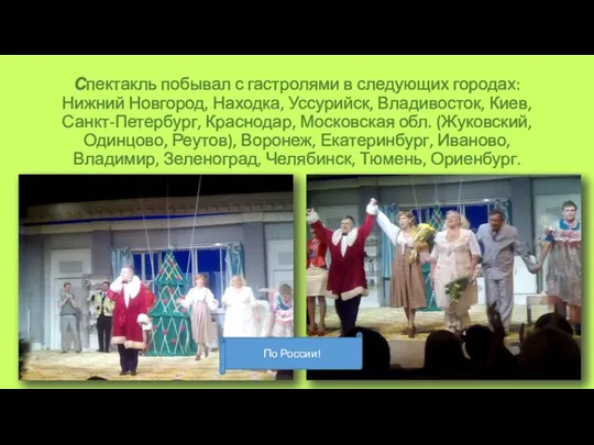 Спектакль побывал с гастролями в следующих городах: Нижний Новгород, Находка,