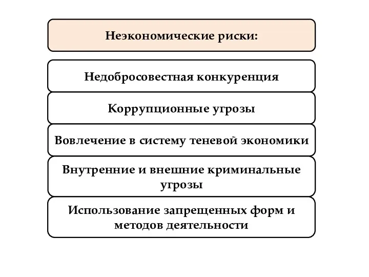 Неэкономические риски: Недобросовестная конкуренция Коррупционные угрозы Вовлечение в систему теневой