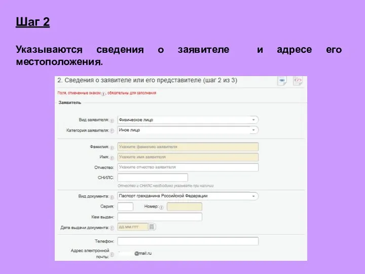 Шаг 2 Указываются сведения о заявителе и адресе его местоположения.