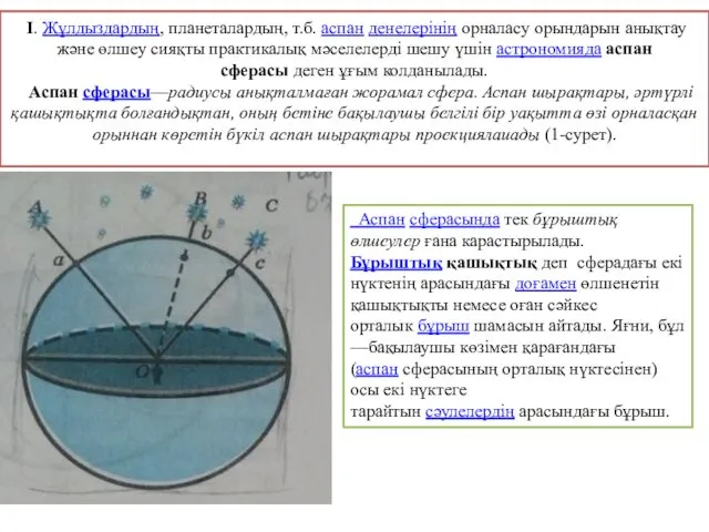 І. Жұлдыздардың, планеталардың, т.б. аспан денелерінің орналасу орындарын анықтау және