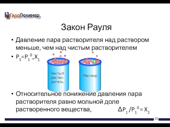 Давление пара растворителя над раствором меньше, чем над чистым растворителем