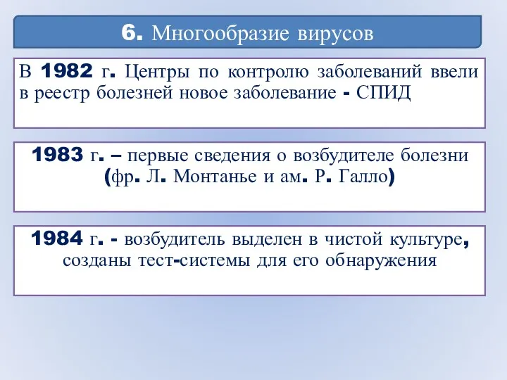 6. Многообразие вирусов В 1982 г. Центры по контролю заболеваний