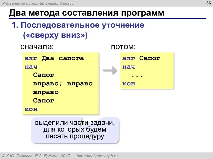 Два метода составления программ 1. Последовательное уточнение («сверху вниз») алг