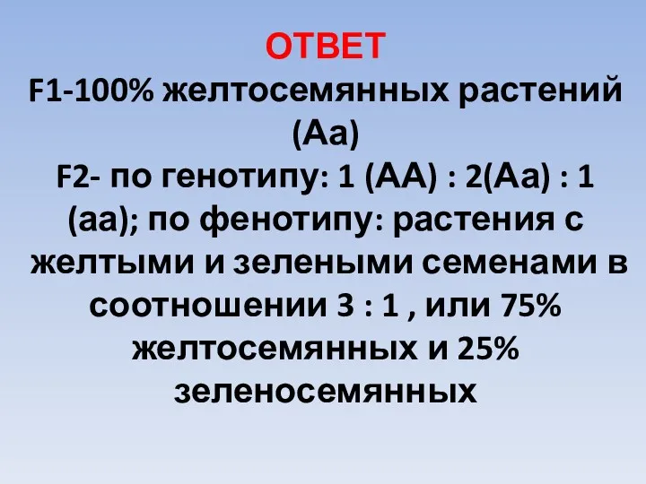 ОТВЕТ F1-100% желтосемянных растений (Аа) F2- по генотипу: 1 (АА)