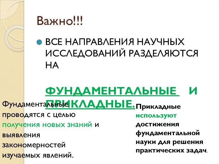 Важно!!! ВСЕ НАПРАВЛЕНИЯ НАУЧНЫХ ИССЛЕДОВАНИЙ РАЗДЕЛЯЮТСЯ НА ФУНДАМЕНТАЛЬНЫЕ И ПРИКЛАДНЫЕ.