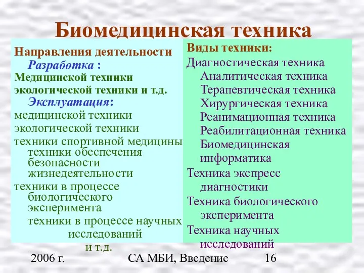 2006 г. СА МБИ, Введение Биомедицинская техника Направления деятельности Разработка