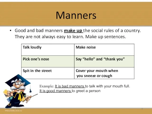 Manners Good and bad manners make up the social rules