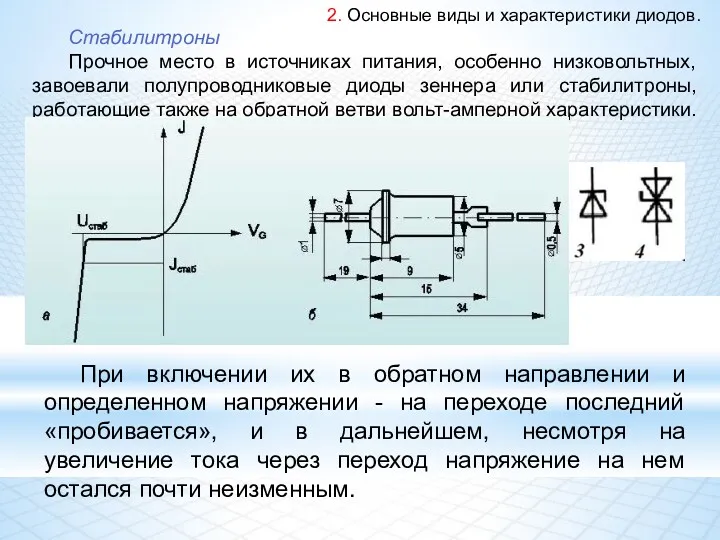 2. Основные виды и характеристики диодов. Стабилитроны Прочное место в