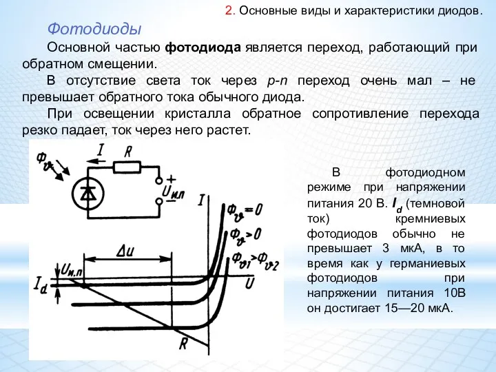 2. Основные виды и характеристики диодов. Фотодиоды Основной частью фотодиода