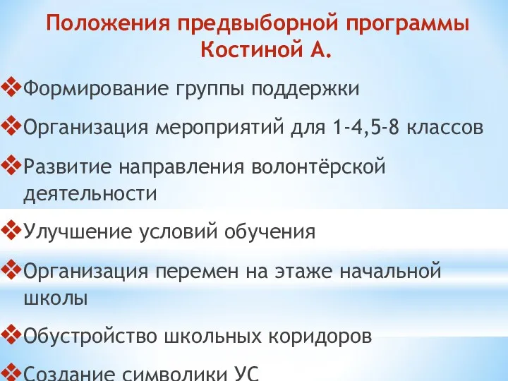 Положения предвыборной программы Костиной А. Формирование группы поддержки Организация мероприятий