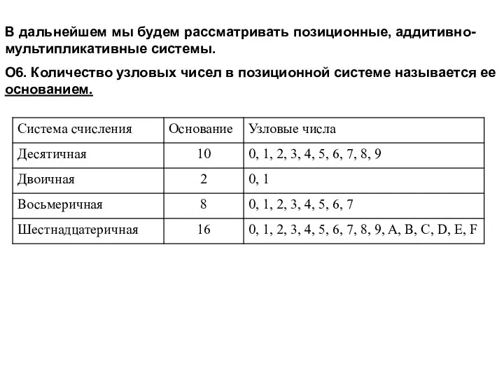 В дальнейшем мы будем рассматривать позиционные, аддитивно-мультипликативные системы. О6. Количество