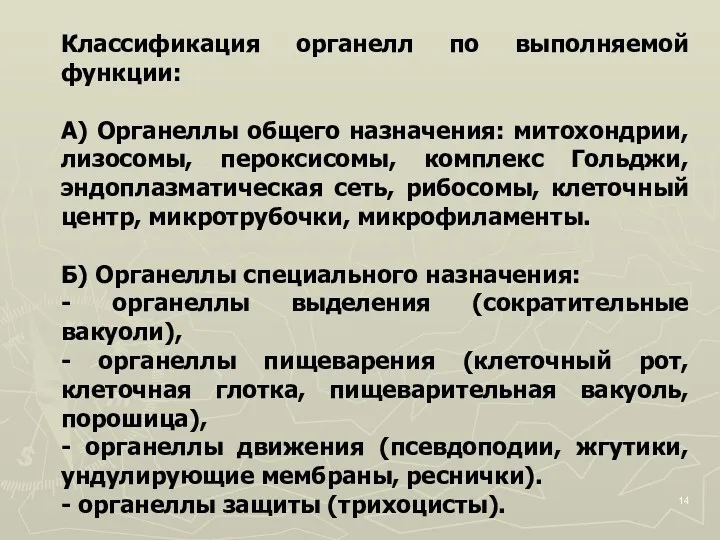 Классификация органелл по выполняемой функции: А) Органеллы общего назначения: митохондрии,