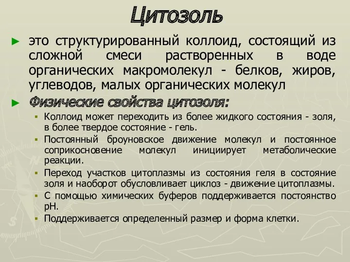 Цитозоль это структурированный коллоид, состоящий из сложной смеси растворенных в