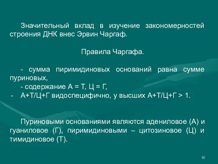 Значительный вклад в изучение закономерностей строения ДНК внес Эрвин Чаргаф.