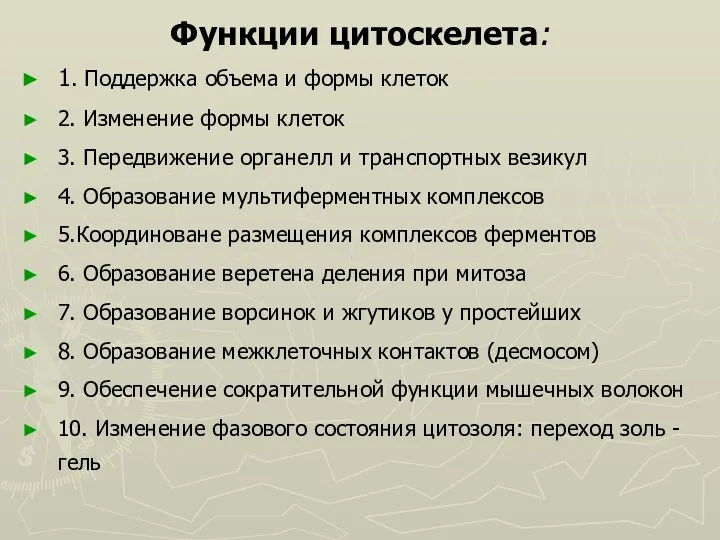 Функции цитоскелета: 1. Поддержка объема и формы клеток 2. Изменение