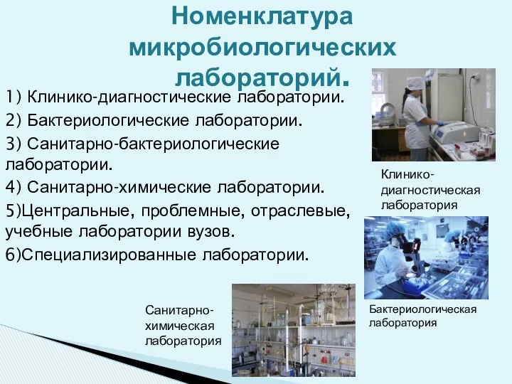 1) Клинико-диагностические лаборатории. 2) Бактериологические лаборатории. 3) Санитарно-бактериологические лаборатории. 4)