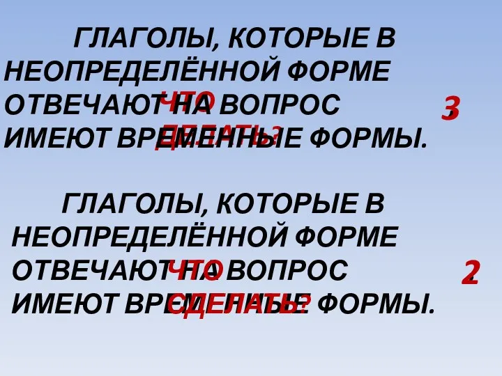 ЧТО ДЕЛАТЬ? ГЛАГОЛЫ, КОТОРЫЕ В НЕОПРЕДЕЛЁННОЙ ФОРМЕ ОТВЕЧАЮТ НА ВОПРОС