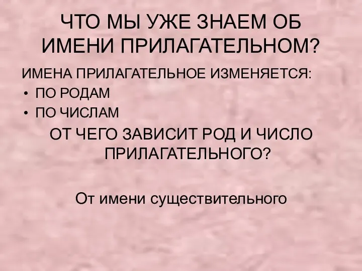 ЧТО МЫ УЖЕ ЗНАЕМ ОБ ИМЕНИ ПРИЛАГАТЕЛЬНОМ? ИМЕНА ПРИЛАГАТЕЛЬНОЕ ИЗМЕНЯЕТСЯ: