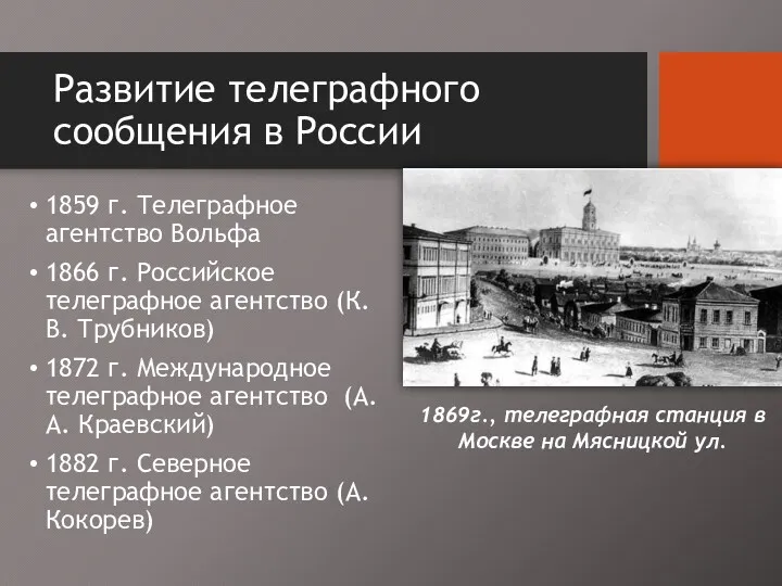 Развитие телеграфного сообщения в России 1859 г. Телеграфное агентство Вольфа