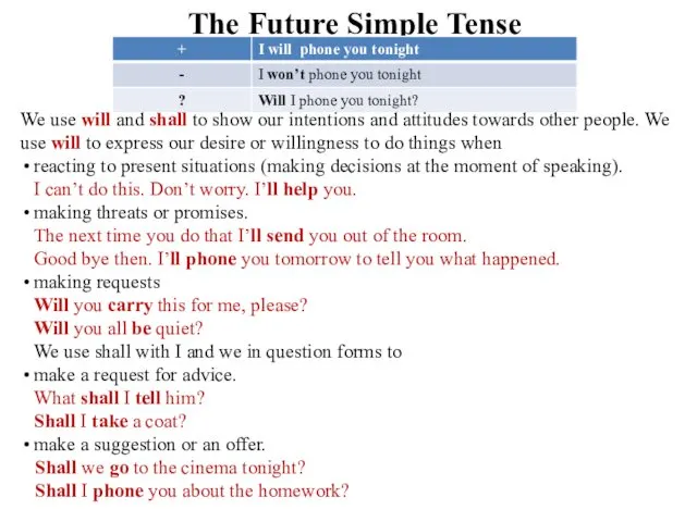 The Future Simple Tense We use will and shall to show our intentions