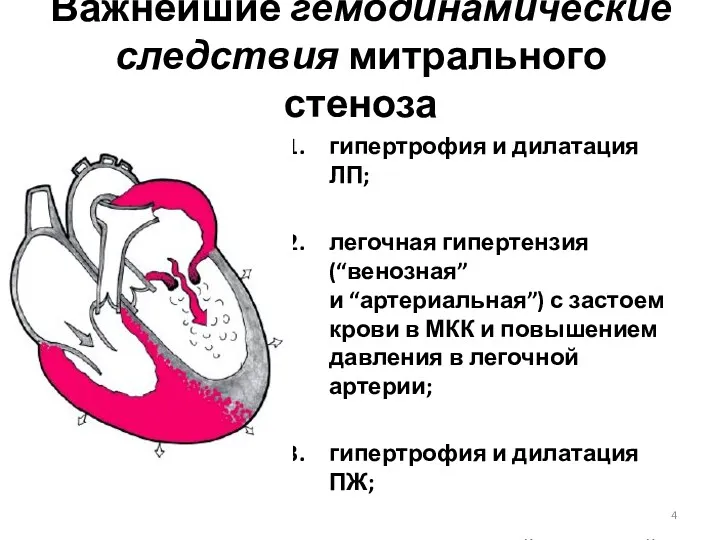 Важнейшие гемодинамические следствия митрального стеноза гипертрофия и дилатация ЛП; легочная