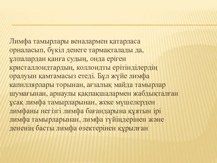 Лимфа тамырлары веналармен қатарласа орналасып, бүкіл денеге тармақталады да, ұлпалардан