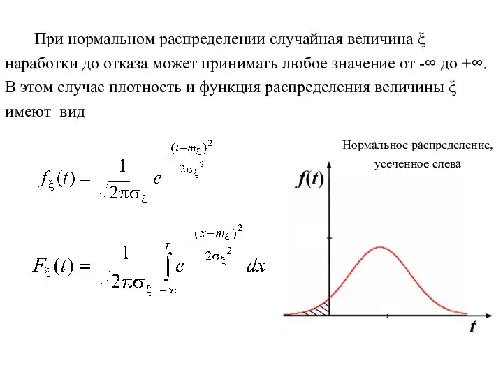 При нормальном распределении случайная величина ξ наработки до отказа может