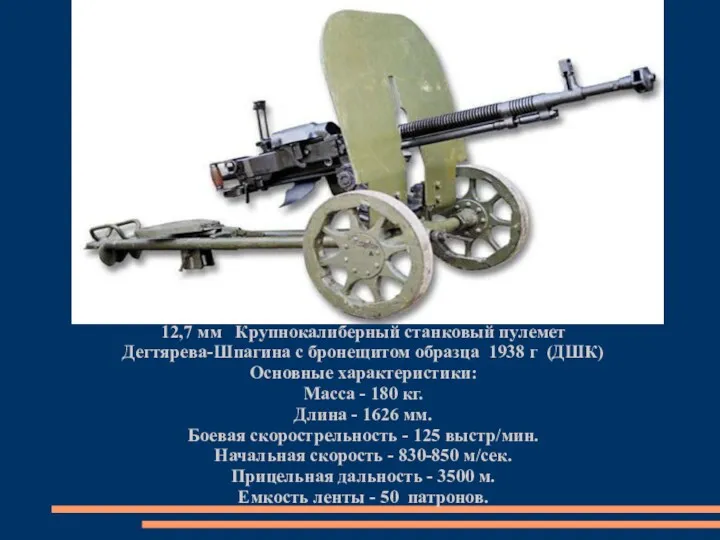 12,7 мм Крупнокалиберный станковый пулемет Дегтярева-Шпагина с бронещитом образца 1938 г (ДШК) Основные