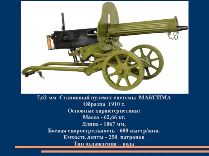 7,62 мм Станковый пулемет системы МАКСИМА Образца 1910 г. Основные характеристики: Масса -