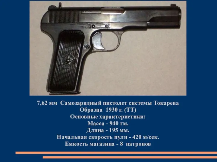 7,62 мм Самозарядный пистолет системы Токарева Образца 1930 г. (ТТ) Основные характеристики: Масса