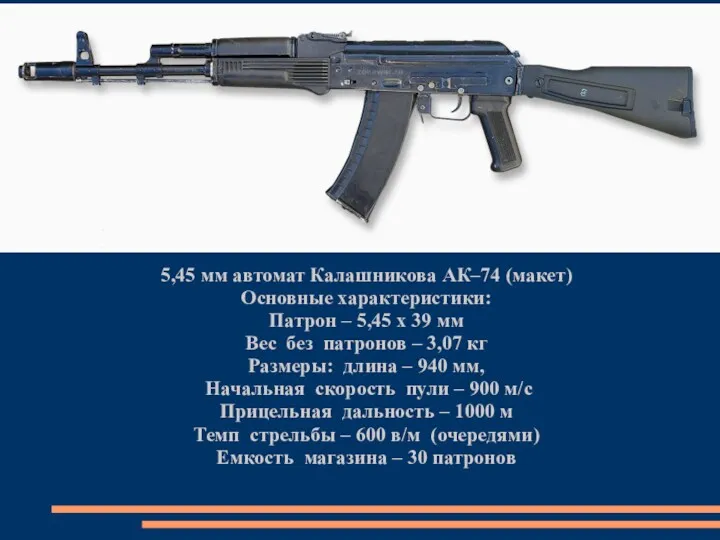 5,45 мм автомат Калашникова АК–74 (макет) Основные характеристики: Патрон – 5,45 х 39