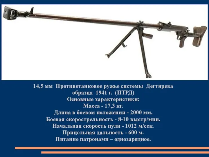 14,5 мм Противотанковое ружье системы Дегтярева образца 1941 г. (ПТРД) Основные характеристики: Масса
