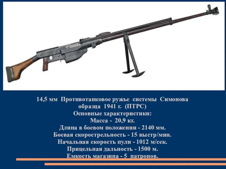 14,5 мм Противотанковое ружье системы Симонова образца 1941 г. (ПТРС) Основные характеристики: Масса