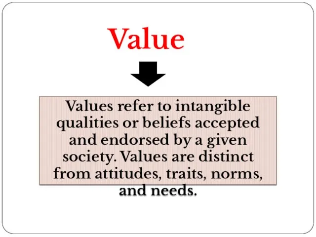 Values Values refer to intangible qualities or beliefs accepted and