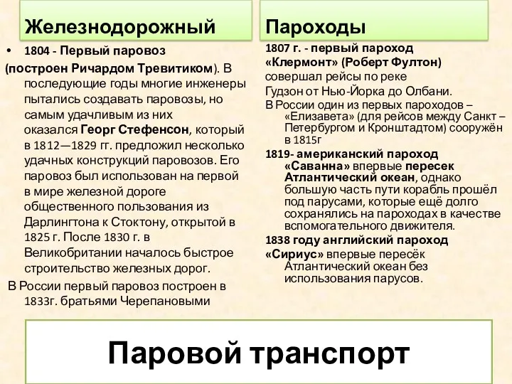 Паровой транспорт Железнодорожный Пароходы 1804 - Первый паровоз (построен Ричардом