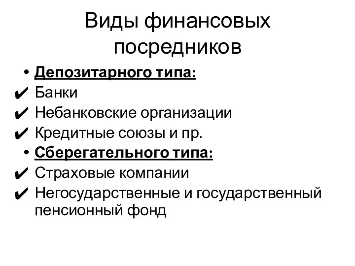 Виды финансовых посредников Депозитарного типа: Банки Небанковские организации Кредитные союзы