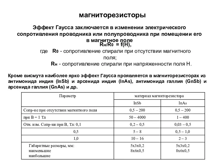 магниторезисторы Эффект Гаусса заключается в изменении электрического сопротивления проводника или