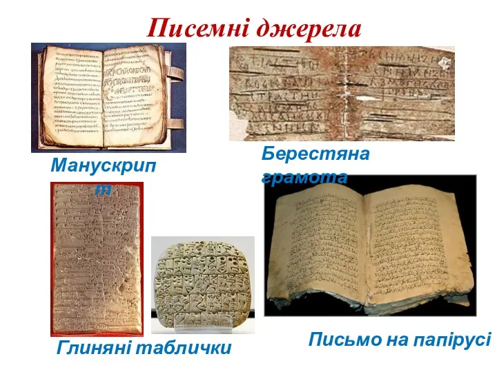 Писемні джерела Глиняні таблички Берестяна грамота Письмо на папірусі Манускрипт