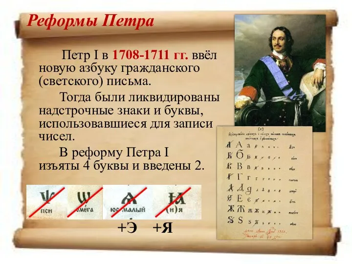 Реформы Петра Петр I в 1708-1711 гг. ввёл новую азбуку