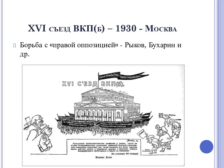 XVI съезд ВКП(б) – 1930 - Москва Борьба с «правой оппозицией» - Рыков, Бухарин и др.