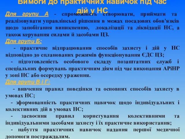 Вимоги до практичних навичок під час дій у НС Для