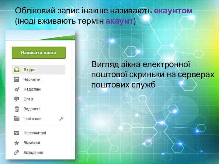 Обліковий запис інакше називають екаунтом (іноді вживають термін акаунт) Вигляд