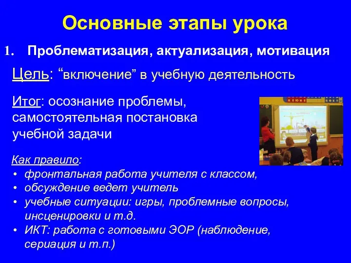 Основные этапы урока Проблематизация, актуализация, мотивация Итог: осознание проблемы, самостоятельная