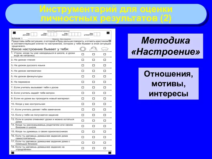 Отношения, мотивы, интересы Методика «Настроение» Инструментарий для оценки личностных результатов (2)