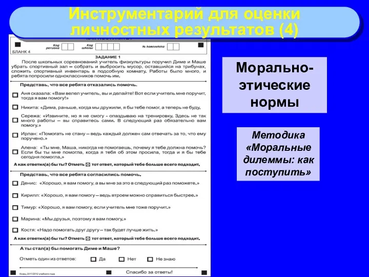 Морально-этические нормы Методика «Моральные дилеммы: как поступить» Инструментарий для оценки личностных результатов (4)