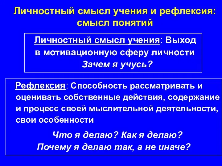 Личностный смысл учения и рефлексия: смысл понятий Личностный смысл учения: