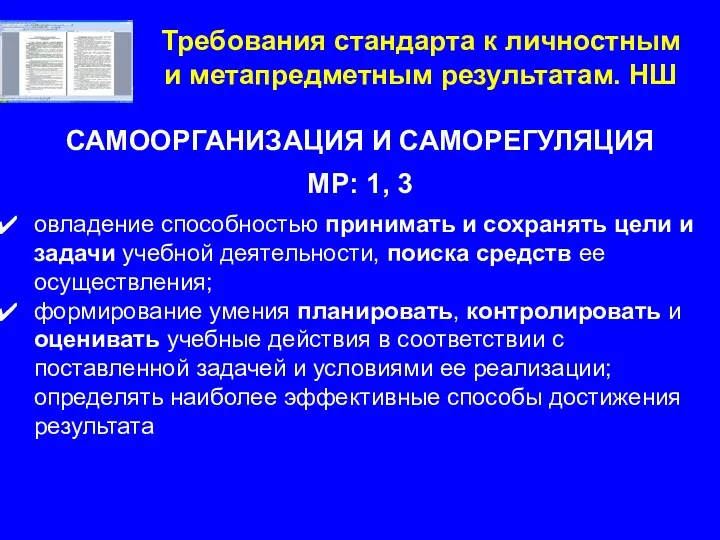 Требования стандарта к личностным и метапредметным результатам. НШ САМООРГАНИЗАЦИЯ И