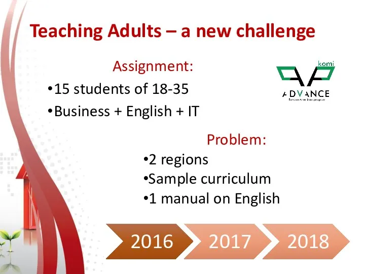 Teaching Adults – a new challenge Assignment: 15 students of