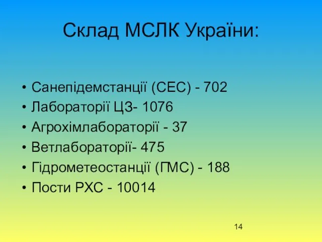 Склад МСЛК України: Санепідемстанції (СЕС) - 702 Лабораторії ЦЗ- 1076